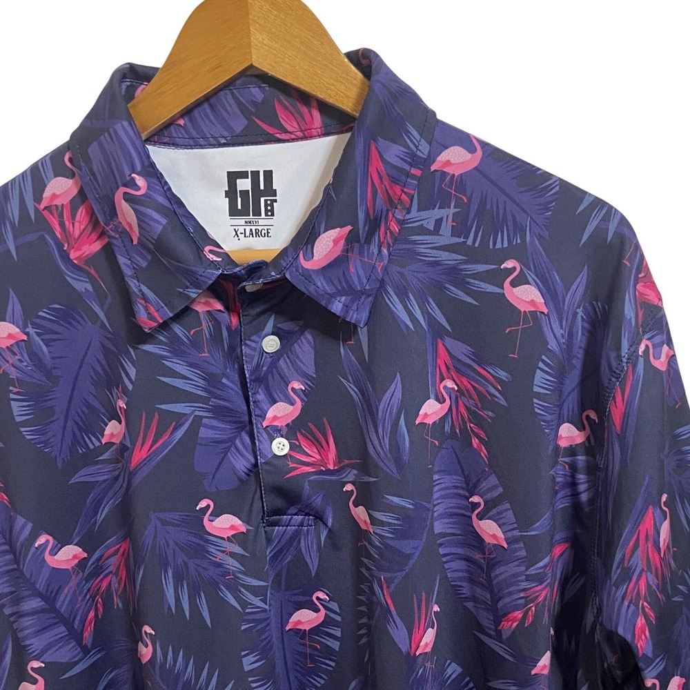 GH MMXVI Tropical Flamingo Palm Leaf Performance Golf‎ Polo Shirt Hawaiian XL